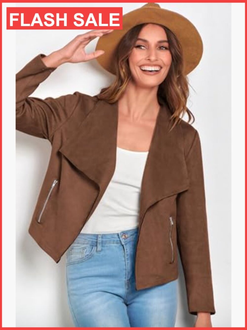 Faux Suede Cropped Jacket Waterfall Collar Long Sleeve Open Front Casual Outwear - Picture 5 of 7